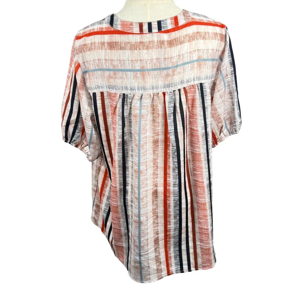 Womens Button Up XL Striped Ruffle Front Blouse Short Puff Sleeve Coastal Career